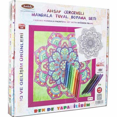 01 I Ahşap Çerçeveli Mandala Tuval Boyama Seti + 6 Yaş 32x32 cm