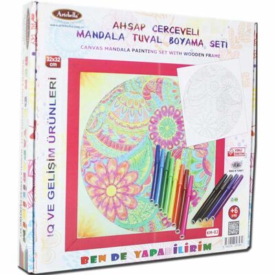 02 I Ahşap Çerçeveli Mandala Tuval Boyama Seti + 6 Yaş 32x32 cm