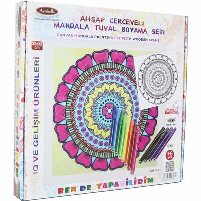 03 I Ahşap Çerçeveli Mandala Tuval Boyama Seti + 6 Yaş 32x32 cm