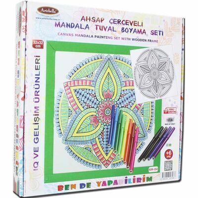 04 I Ahşap Çerçeveli Mandala Tuval Boyama Seti + 6 Yaş 32x32 cm