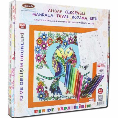 09 I Ahşap Çerçeveli Mandala Tuval Boyama Seti + 6 Yaş 32x32 cm