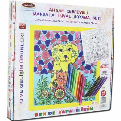 11 I Ahşap Çerçeveli Mandala Tuval Boyama Seti + 6 Yaş 32x32 cm