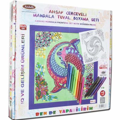 12 I Ahşap Çerçeveli Mandala Tuval Boyama Seti + 6 Yaş 32x32 cm